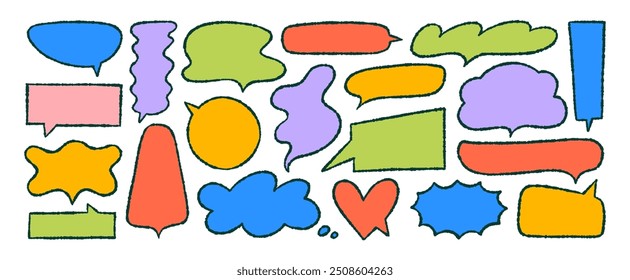 Comic style pencil speech bubbles doodle set. Crayon drawn colorful speech bubble silhouettes with outline. Hand drawn vector doodle illustration in childish funky style. Comic talk balloon vector set