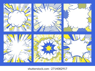 Comic Style Pop Art Explosion Background Set.