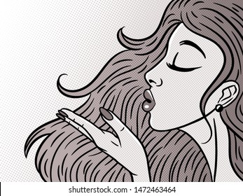Comic Style Pop Art Girl In Profile Blowing A Kiss, Beautiful Woman, Vector Illustration