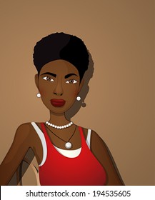 Comic style portrait of a beautiful black girl in a red dress. Vector illustration.