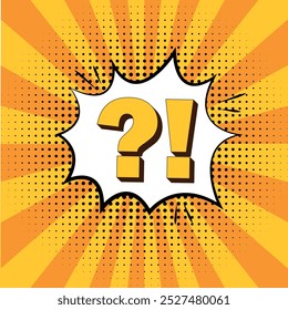 Comic style question and exclamation marks in speech bubble on vibrant orange background with halftone effect. 