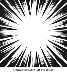Comic style radial explosion with halftone rays on white background. Dynamic effect for pop art, manga, poster, or web design.