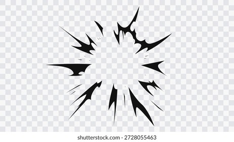 Comic-Stil Radial Aufprall Burst Effekt. Explosion schwarzer Manga-Geschwindigkeitslinien einzeln auf transparentem Hintergrund. Dynamisches Anime-Action-Element für Kampfszenen, Soundeffekte, Poster und Grafikdesign.