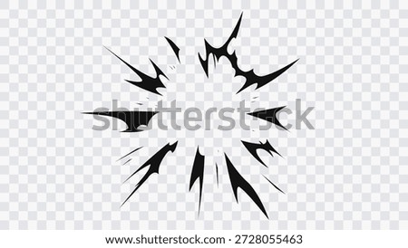 Comic style radial impact burst effect. Black manga speed lines explosion isolated on transparent background. Dynamic anime action element for fight scenes, sound effects, posters and graphic design.
