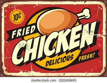 Comic Style Retro Sign Design With Chicken Drumstick On Red Background. Fried Chicken Vintage Poster Promo Template. Vector Food Image With Grilled Chicken Meat.