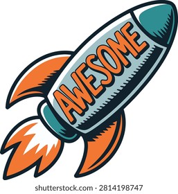 Comic style rocket ship with the word spaceship text