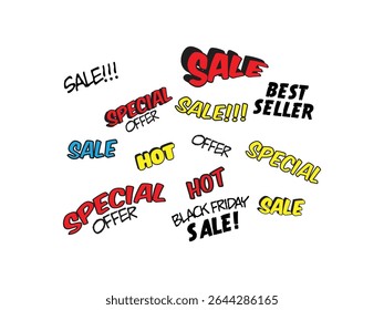 comic style sales tag text design with best seller, best offer, hot sale, limited sale etc