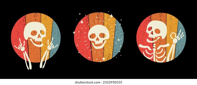 Comic style set of three artworks with skeletons showing different gestures in colorful circles on black background. Vector illustration, all object is isolated.