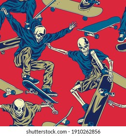 Comic style Skull on skateboard seamless pattern. Skeleton Skateboarder background. 