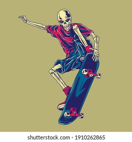 Comic style Skull on skateboard illustration. Skull Skateboarder background. 