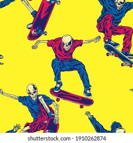 Cráneo de estilo cómico en skateboard patrón sin fisuras. Fondo Skeleton Skateboarder. 