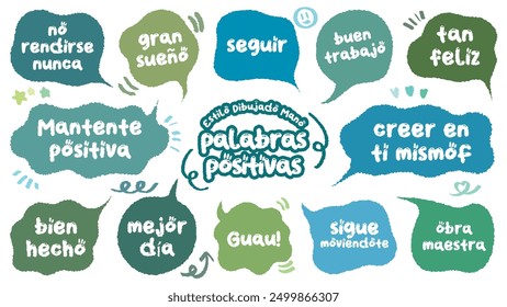 Estilo cómico Spanish cute cita burbuja de discurso colorido con palabras positivas. Conjunto de marco de memorándum dibujado a mano con elogios españoles. Caricatura doodle crayón dibujo nube, caja, mensaje. Azul verde Vector plano.
