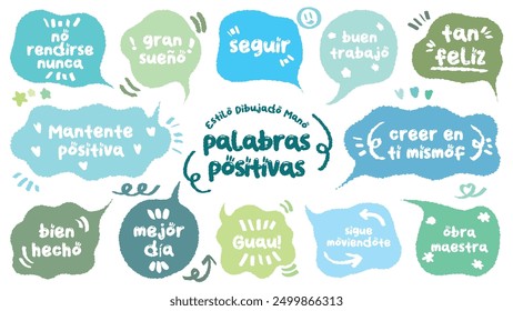 Comic style Spanish cute quote colorful speech bubble with positive words. Set of hand drawn memo frame with Spanish praise. Cartoon doodle crayon drawing cloud, box, message. Blue green Flat vector.
