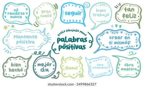 Estilo cómico Spanish cute cita burbuja de discurso colorido con palabras positivas. Conjunto de marco de memorándum dibujado a mano con elogios españoles. Caricatura doodle crayón dibujo nube, caja, mensaje. Azul verde Vector plano.
