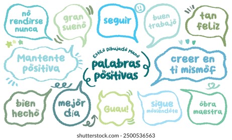 Estilo cómico Spanish cute cita burbuja de discurso colorido con palabras positivas. Conjunto de marco de memorándum dibujado a mano con elogios españoles. Caricatura doodle crayón dibujo nube, caja, mensaje. Azul verde Vector plano.
