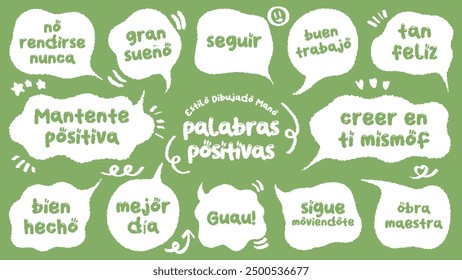 Estilo cómico Spanish cute cita burbuja de discurso colorido con palabras positivas. Conjunto de marco de memorándum dibujado a mano con elogios españoles. Caricatura doodle crayón dibujo nube, caja, mensaje. Azul verde Vector plano.
