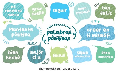 Estilo cómico Spanish cute cita burbuja de discurso colorido con palabras positivas. Conjunto de marco de memorándum dibujado a mano con elogios españoles. Caricatura doodle crayón dibujo nube, caja, mensaje. Azul verde Vector plano.
