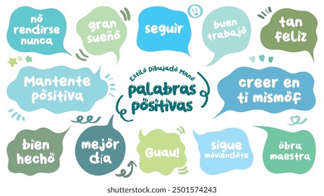 Estilo cómico Spanish cute cita burbuja de discurso colorido con palabras positivas. Conjunto de marco de memorándum dibujado a mano con elogios españoles. Caricatura doodle crayón dibujo nube, caja, mensaje. Azul verde Vector plano.
