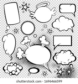 Comic style speech bubbles collection. Funny design vector items illustration. Icons in Pop art style on halftone background