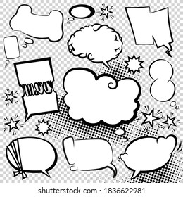 Comic style speech bubbles collection. Speech balloons and elements set with halftone shadows. Funny vector design elements