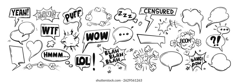 Comic style speech bubbles, sound effects, and exclamations in black and white sketch on white background. Concept of communication and emotion. Vector illustration