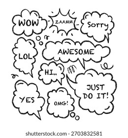 Burbujas de discurso del estilo del cómic, efectos de sonido, y exclamaciones en bosquejo blanco y negro sobre fondo blanco. Concepto de comunicación y emoción. Ilustración vectorial
