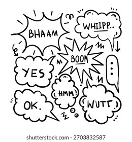 Burbujas de discurso del estilo del cómic, efectos de sonido, y exclamaciones en bosquejo blanco y negro sobre fondo blanco. Concepto de comunicación y emoción. Ilustración vectorial