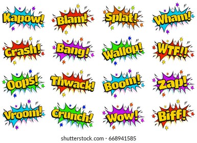 Comic Style speech bubbles with Sound Effect related text in retro pop art style isolated on white background.
