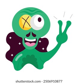 A comic style sticker of happy alien dab dance 

