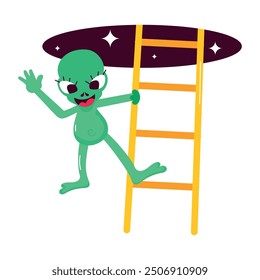 A comic style sticker of happy alien dab dance 

