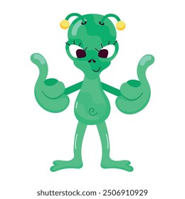 A comic style sticker of happy alien dab dance 

