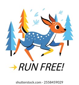 Comic style sticker showing deer with run wild text

