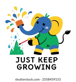 Comic style sticker showing an elephant with just keep going typography 

