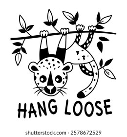 Comic style sticker showing leopard with hang loose text 

