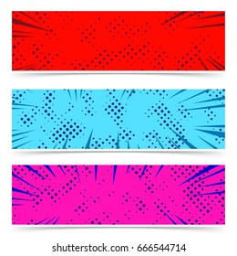 Comic style strips collection with retro dotted pattern. Bright colorful abstract banners with vintage grain effect. Vector illustration