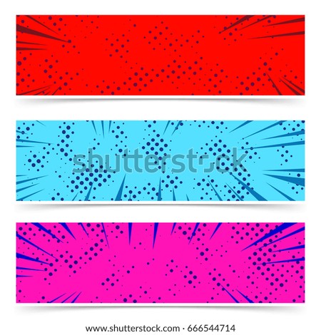 Comic style strips collection with retro dotted pattern. Bright colorful abstract banners with vintage grain effect. Vector illustration