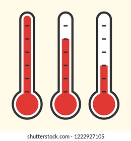 Comic style thermometer illustration. Vector object on a soft white background. Red simplified thermometer object with variouos levels of heat. Digital object, icon or symbol for temperature.