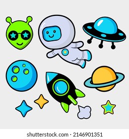 comic style vector badges set with cute  astronaut, planet, alien, rocket