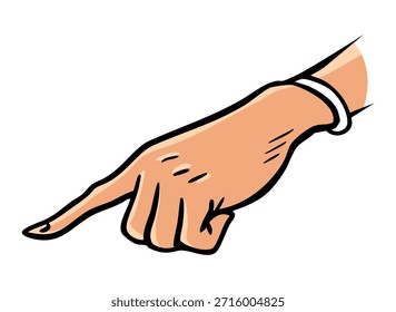 Ilustração vetorial em estilo cômico da mão de uma mulher fazendo um gesto de apontar. Limpe o contorno em negrito, sombreamento simples, isolado no fundo branco. Ideal para anúncios, instruções e infográficos