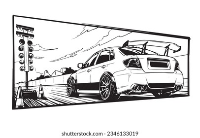 comic style vector illustration of a japanese sports car getting ready at the starting line of a racing circuit with starting light system