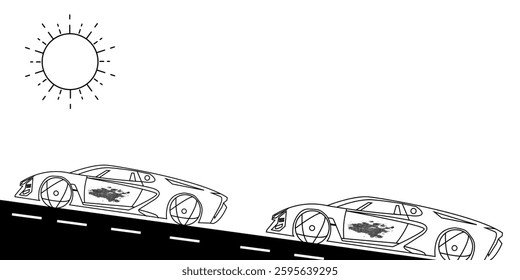 comic style vector illustration of a japanese sports car speeding with speed lines background. black ink on white