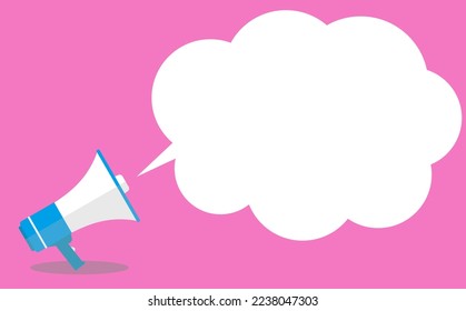 Comic style vector illustration on a pink background with an announcement message blown out from a loudspeaker megaphone