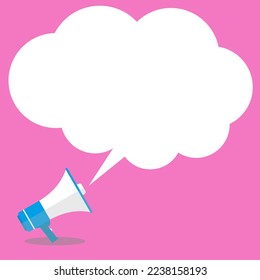 Comic style vector illustration on a pink background with an announcement message blown out from a loudspeaker megaphone