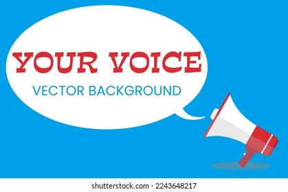 Comic style vector illustration on a blue background with an announcement message blown out from a loudspeaker megaphone.