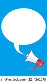 Comic style vector illustration on a blue background with an announcement message blown out from a loudspeaker megaphone.