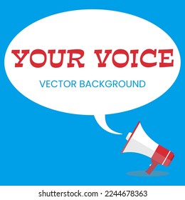 Comic style vector illustration on a blue background with an announcement message blown out from a loudspeaker megaphone.