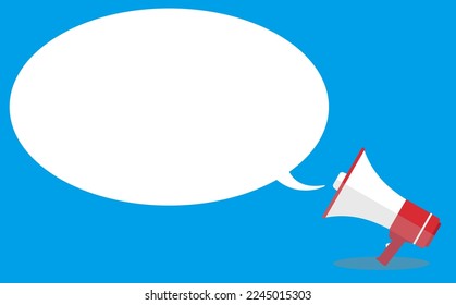 Comic style vector illustration on a blue background with an announcement message blown out from a loudspeaker megaphone.