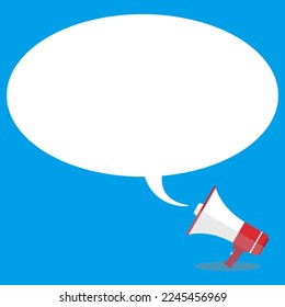 Comic style vector illustration on a blue background with an announcement message blown out from a loudspeaker megaphone.