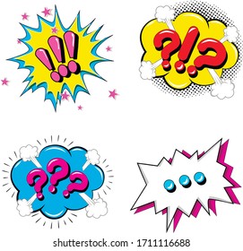 comic style vector illustration, question marks, exclamation marks, stickers