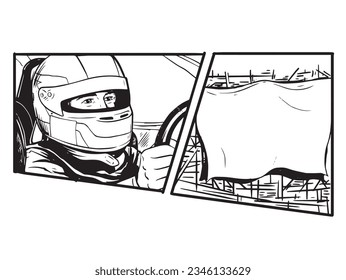 comic style vector illustration of a rally car racer getting ready at the start line, black ink on white